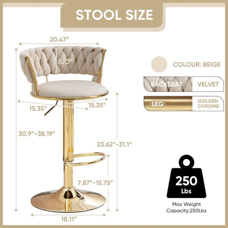 Cream Velvet Swivel Luxury Bar Stools - Set of 2 - View 7