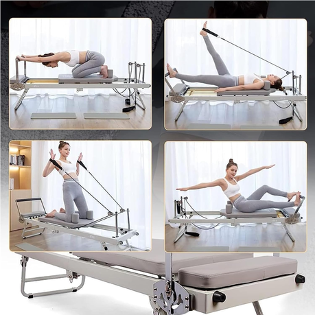 Foldable Premium Pilates Reformer Machine with Springs - Grey - View 4