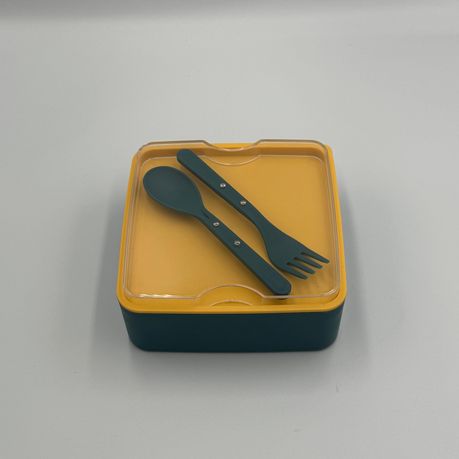 2-Tier Blue and Yellow Lunch Box with Fork and Spoon Set - View 2
