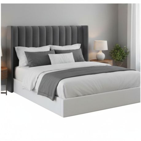 Room Studio - Charcoal Velvet Vertical Paneled Wingback Headboard - View 4