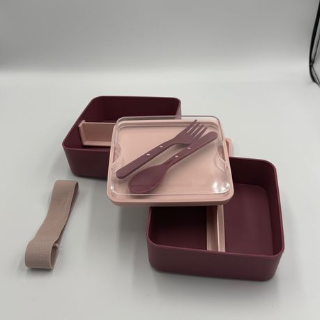 Purple Square Lunch Box 2-Tier BPA-Free with Utensils for Easy Meals - View 2