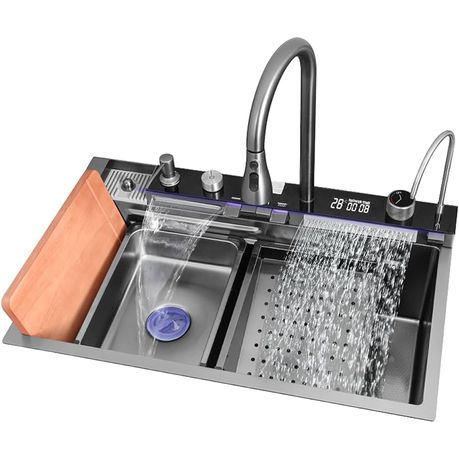 Multifunctional LED Modern Kitchen Sink Waterfall Push Button Temp Control - View 1